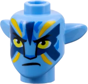Minifigure, Head, Modified Alien Na&#39;vi with Yellow Eyes, Blue Markings, Bright Light Orange and Dark Blue War Paint, Frown Pattern