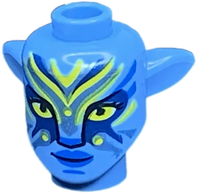 Minifigure, Head, Modified Alien Na&#39;vi with Yellow Eyes, Blue Markings and Lips, Dark Blue and Metallic Light Blue War Paint, Closed Mouth Grin Pattern