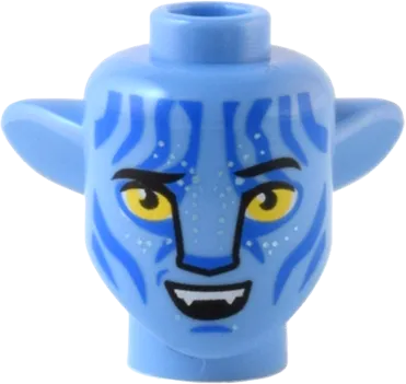 Minifigure, Head, Modified Alien Na&#39;vi with Yellow Eyes, Silver Spots, Blue Markings, Open Mouth Smile with Upper Teeth Pattern