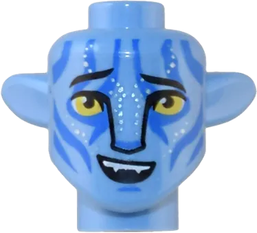 Minifigure, Head, Modified Alien Na'vi with Yellow Eyes, Silver Spots, Blue Markings, Raised Eyebrows, Lopsided Open Mouth Smile with Top Teeth Pattern