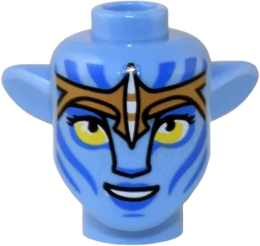Minifigure, Head, Modified Alien Na&#39;vi with Yellow Eyes, Silver Spots, Blue Markings and Lips, Medium Nougat Headband, Open Mouth Smile with Teeth Pattern