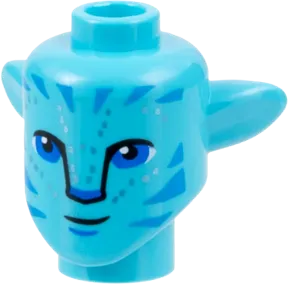 Minifigure, Head, Modified Alien Na'vi with Blue Eyes, Dark Azure Markings, Silver Spots, Small Closed Mouth Grin Pattern