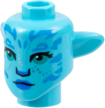 Minifigure, Head, Modified Alien Na'vi with Dark Turquoise Eyes, Dark Azure Markings, Silver Spots, Blue Lips, Neutral Pattern