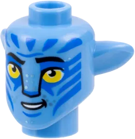 Minifigure, Head, Modified Alien Na'vi with Yellow Eyes, Silver Spots, Blue Markings, Lopsided Open Mouth Smile with Teeth Pattern