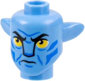 Minifigure, Head, Modified Alien Na'vi with Yellow Eyes, Blue Markings, Frown Pattern