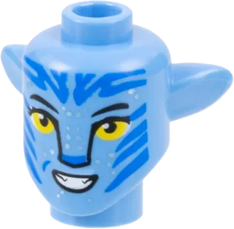 Minifigure, Head, Modified Alien Na'vi with Yellow Eyes, Silver Spots, Blue Markings, Open Mouth Smile with Teeth Pattern