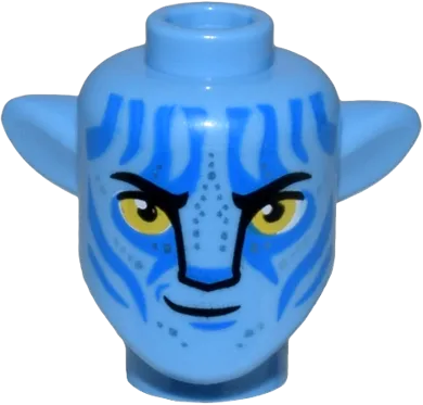 Minifigure, Head, Modified Alien Na'vi with Yellow Eyes, Silver Spots, Wide Blue Markings, Smirk with Right Corner Lifted Pattern