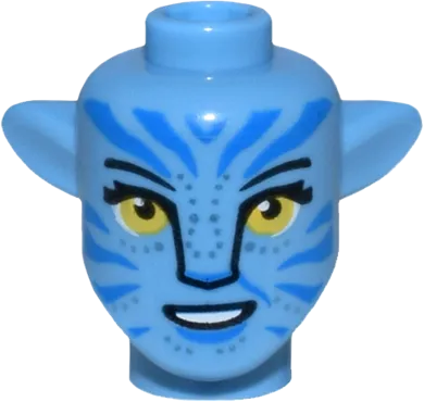 Minifigure, Head, Modified Alien Na'vi with Yellow Eyes with Long Eyelashes, Silver Spots, Blue Markings, Open Mouth Smile with Teeth Pattern
