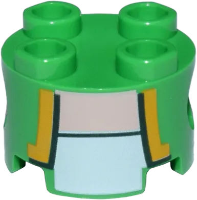 Brick, Round 2 x 2 with Pin Holes with Bright Light Orange Lapels, Dark Green Lines, and White Undershirt Pattern &#40;Super Mario Green Toad Torso&#41;