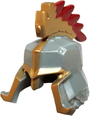 Minifigure, Headgear Helmet Castle with Cheek and Nose Protection with Gold Trim and Crest with Red Tips Pattern