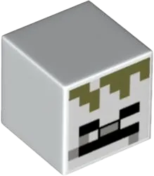 Minifigure, Head, Modified Cube with Pixelated Black Eyes, Light Bluish Gray Nose, Black Mouth, and Olive Green Hair Pattern &#40;Minecraft Skeleton&#41;