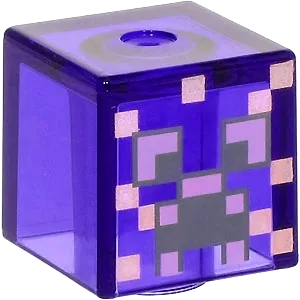 Minifigure, Head, Modified Cube with Pixelated Dark Bluish Gray and Medium Lavender Eyes and Open Mouth Frown, Metallic Pink Spots Pattern &#40;Minecraft Enchanted Creeper&#41;