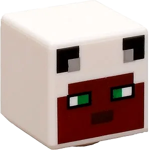 Minifigure, Head, Modified Cube with Pixelated Reddish Brown Face, Green Eyes, and Black Ears Pattern &#40;Minecraft Panda Skin&#41;