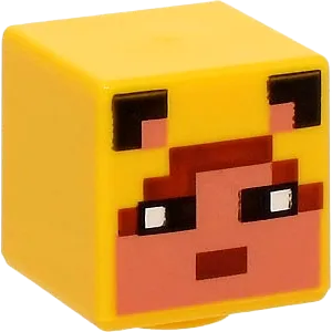 Minifigure, Head, Modified Cube with Pixelated Nougat Face, Black Eyes and Ears, and Reddish Brown Hair and Mouth Pattern &#40;Minecraft Ocelot Skin&#41;