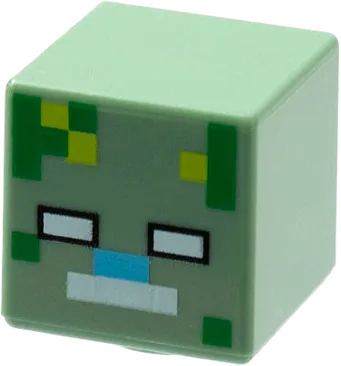 Minifigure, Head, Modified Cube with Pixelated White Eyes and Mouth, Medium Azure Nose, and Green and Lime Spots Pattern &#40;Minecraft Drowned Zombie&#41;
