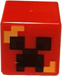 Minifigure, Head, Modified Cube with Pixelated Black and Reddish Brown Eyes and Open Mouth Frown, Bright Light Orange Flames Pattern &#40;Minecraft Exploding Creeper&#41;