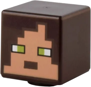 Minifigure, Head, Modified Cube with Pixelated Nougat Face, Lime Eyes, and Dark Brown Mouth and Hair Pattern &#40;Minecraft Llama Herder&#41;