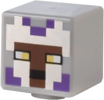 Minifigure, Head, Modified Cube with Pixelated Reddish Brown Face, Gold Eyes, and Silver and Dark Purple Helmet Pattern &#40;Minecraft Llama Knight&#41;