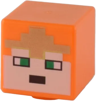 Minifigure, Head, Modified Cube with Pixelated Light Nougat Face, Green Eyes, and Gold Crown Pattern &#40;Minecraft Royal Warrior&#41;