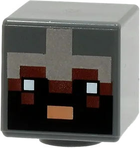 Minifigure, Head, Modified Cube with Pixelated Reddish Brown Face, Black Eyes and Beard, Nougat Mouth and Silver Armor Pattern &#40;Minecraft Netherite Knight&#41;