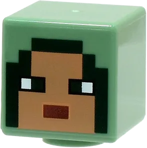Minifigure, Head, Modified Cube with Pixelated Nougat Face, Reddish Brown Mouth and Dark Green Eyes and Hood Pattern &#40;Minecraft Arbalest Knight&#41;