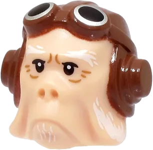 Minifigure, Head, Modified SW Ugnaught, Kuiil with White Eyebrows and Beard and Reddish Brown Aviator Cap with Goggles Pattern