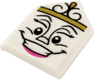 Tile, Modified 2 x 3 Pentagonal with Gold Crown, Female Face and Dark Pink Bottom Lip Pattern