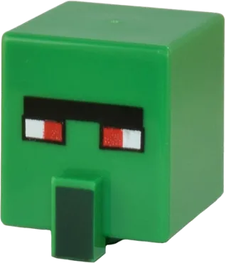 Minifigure, Head, Modified Cube Tall with Raised Rectangle with Pixelated Dark Green Unibrow, Red Eyes, and Dark Green Nose Pattern &#40;Minecraft Zombie Villager&#41;