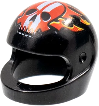 Minifigure, Headgear Helmet Motorcycle &#40;Standard&#41; with Red Flames and Skull with White Stripes Pattern