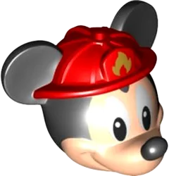 Minifigure, Head, Modified Mouse with Black Ears and Nose and White Eyes and Red Fire Helmet with Gold Fire Logo Pattern &#40;Mickey&#41;