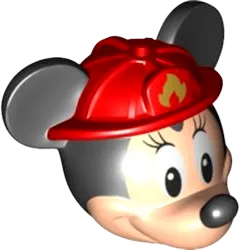 Minifigure, Head, Modified Mouse with Black Ears and Nose and White Eyes with Eyelashes and Red Fire Helmet with Gold Fire Logo Pattern &#40;Minnie&#41;