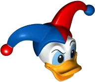 Minifigure, Head, Modified Duck with Bright Light Orange Bill and Black and Medium Blue Eyes and Blue and Red Jester's Cap Pattern &#40;Donald&#41;