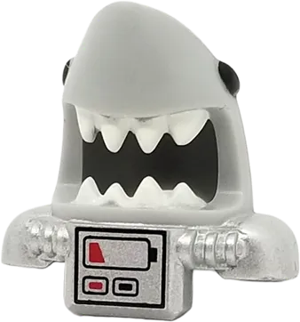 Minifigure, Headgear Mask Shark Head with Open Mouth with White Teeth, Black Eyes, Metallic Silver Shoulder Pads and Front Panel and Battery Pattern