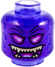 Minifigure, Head Alien Ghost with Dark Purple Face, Magenta Eyes and Open Mouth and Gold Sharp Teeth Pattern - Vented Stud