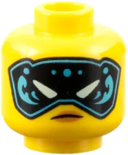 Minifigure, Head Dual Sided Female Black Eyebrows and Beauty Mark, Open Mouth Smile / Black and Medium Azure Mask with Light Aqua Eyes Pattern - Vented Stud