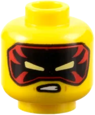 Minifigure, Head Dual Sided Reddish Brown Eyebrows, Scar and Bandage, Lopsided Grin / Black and Red Mask with Bright Light Yellow Eyes Pattern - Vented Stud