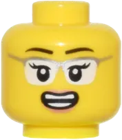 Minifigure, Head Dual Sided Female Black Eyebrows, Glasses with Silver Frames and White Lenses, Open Mouth Smile / Scared Pattern - Vented Stud