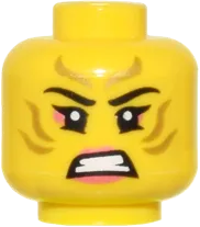 Minifigure, Head Dual Sided Female Gold Stripes Face Paint, Coral Lips and Eye Shadow, Orange Eyes, Lopsided Grin / Bared Teeth Pattern - Vented Stud