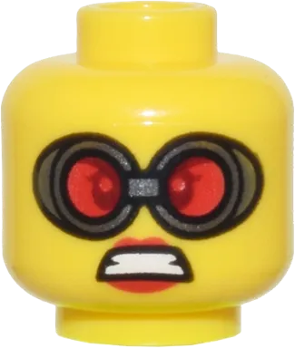 Minifigure, Head Female Goggles with Silver Frames and Red Lenses, Red Lips and Open Mouth Scowl Pattern - Vented Stud