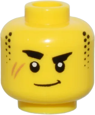 Minifigure, Head Thick Black Eyebrows, Stubble Sideburns, Medium Nougat Scar, and Closed Mouth Lopsided Grin Pattern - Vented Stud