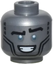 Minifigure, Head Alien Robot Black Eyebrows, Metallic Light Blue Eyes, Open Mouth Smile, and Black Circle and Mechanical Panels on Back Pattern - Vented Stud