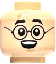 Minifigure, Head Dual Sided Black Eyebrows, Medium Nougat Lightning Scar and Chin Dimple, Smile and Broken Glasses / Open Mouth Smile Pattern - Vented Stud