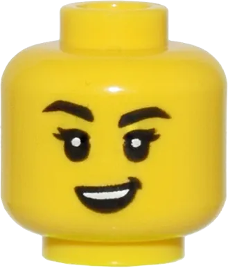 Minifigure, Head Female, Black Eyebrows One Raised, White Pupils, and Open Mouth Crooked Smile Pattern - Vented Stud