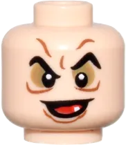Minifigure, Head Dual Sided Pointed Black Eyebrows, Dark Tan Eye Shadow, Dark Orange Wrinkles, Open Mouth with White Tooth Smile / Scowl Pattern - Vented Stud