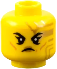 Minifigure, Head Dual Sided Female Black Eyebrows, Gold Circuitry and Lips, Medium Nougat Cheek Lines, Frown / Bared Teeth Pattern - Vented Stud