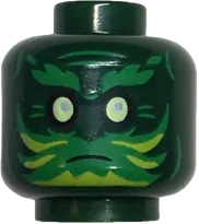 Minifigure, Head Dual Sided Green Eyebrows and Face Paint with Lime Highlights, Yellowish Green Eyes / Black Eyebrows, Goatee, and Eyes Pattern - Vented Stud