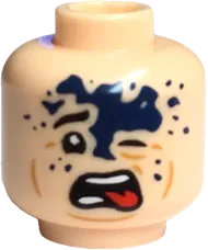 Minifigure, Head Dual Sided Black Eyebrows, Open Mouth with Red Tongue, Dark Blue Splotch on Forehead / Scared with Glasses and Sweat Drops Pattern - Vented Stud