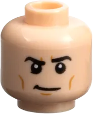 Minifigure, Head Dual Sided Black Eyebrows, Medium Nougat Cheek Lines and Chin Dimple, White Goggles, Frown / Smirk Pattern &#40;Batman&#41; - Vented Stud