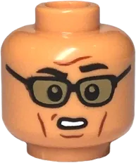 Minifigure, Head Dual Sided Black Eyebrows, Reddish Brown Cheek Lines, Sunglasses with Dark Tan Lenses, Open Mouth Smile / Confused Pattern - Vented Stud