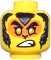 Minifigure, Head Dual Sided Thick Black Eyebrows, Open Mouth Scowl / Orange Face, Black and Dark Bluish Gray Fur, and Gold Eyes Pattern - Vented Stud